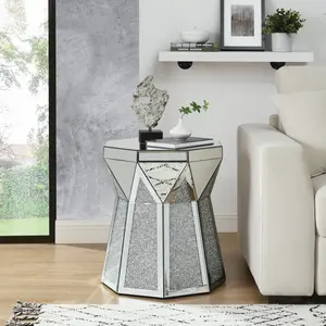 Drum End Table with Mirror Crystal, Silver Decorative Table, Modern Design Luxury Furniture, 20 inch for Living Room