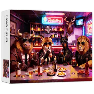 Jigsaw Puzzles for Adults 1000 Pieces, Neon Bar Animals in Suits Vintage Pop Art Jigsaw with Fox, Lion, Bull & Dog in Shades, 28x20 Inch Cool Wall Art