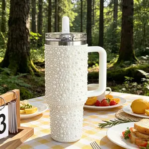 Pearls Bling 40 oz Tumbler with Handle and Straw | Rhinestones 100% Leakproof Stainless Steel Insulated Tumbler with Lid and Straw | Cup Holder Friendly Base