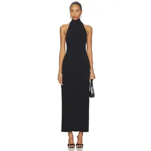 Enza Costa Knit Halter Turtleneck Fluid Dress in Black