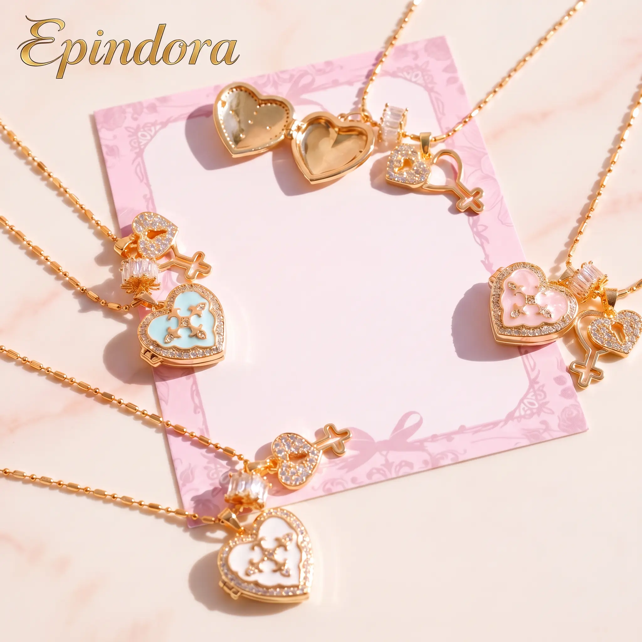 Epindora Gold Tone CZ Heart Locket Key Ball Chain Couple Necklace