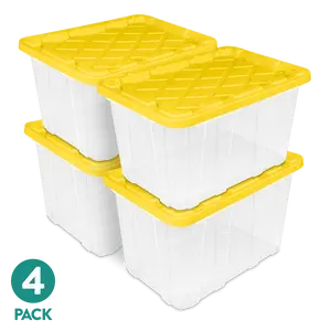 Sterilite Large Industrial Storage Tote, 27-Gal Durable Clear Plastic Storage Bin with Snap-Fit Lid, Yellow, 4-Pack Home Organizer