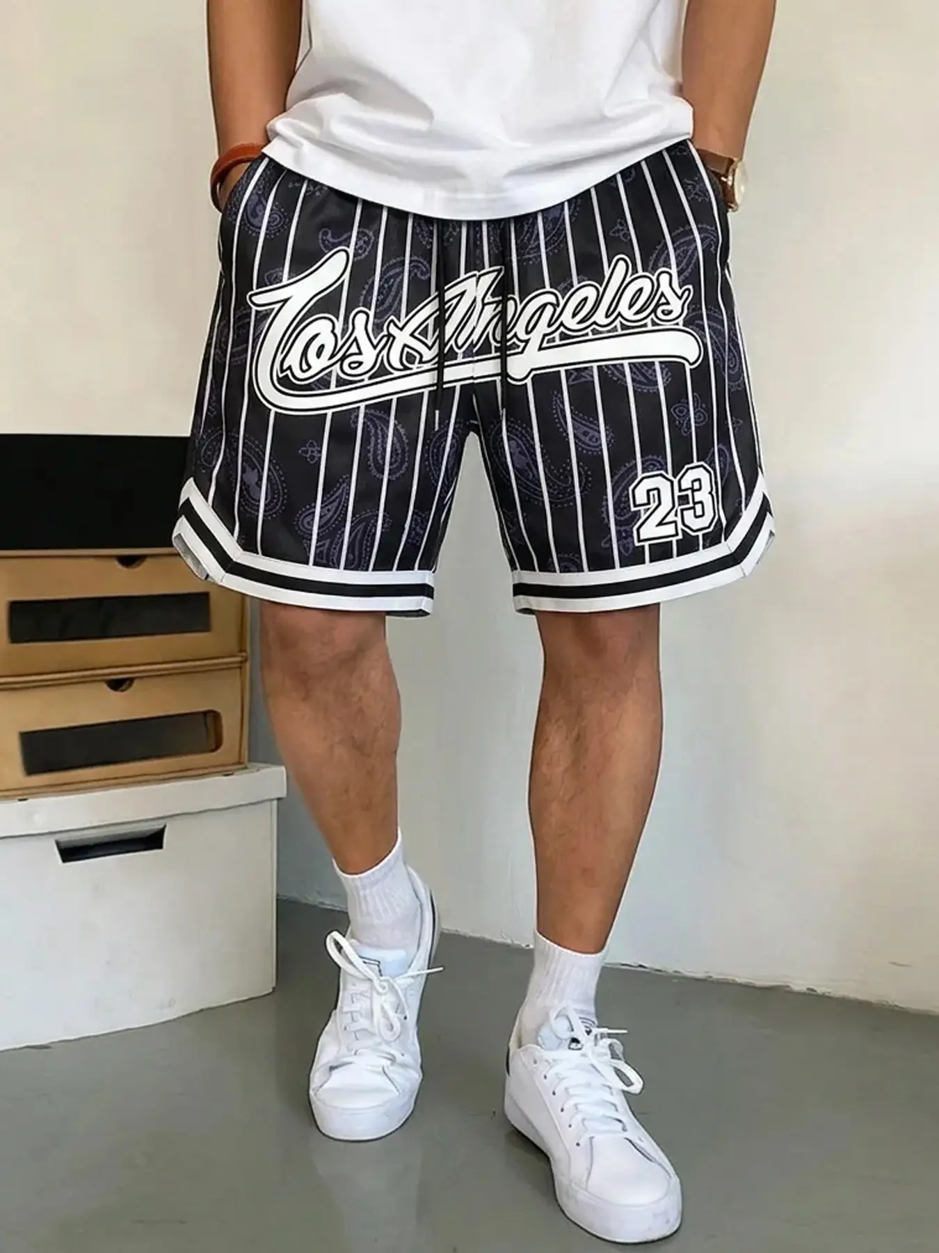 Vintage Y2K Mens Oversized Basketball Shorts, Black White Striped Paisley Print 23 Jersey Shorts, Lightweight Breathable Drawstring Waist Streetwear Shorts, Multi Wear Casual Shorts for Gym, Basketball, Street Style & Summer Outings Y2K