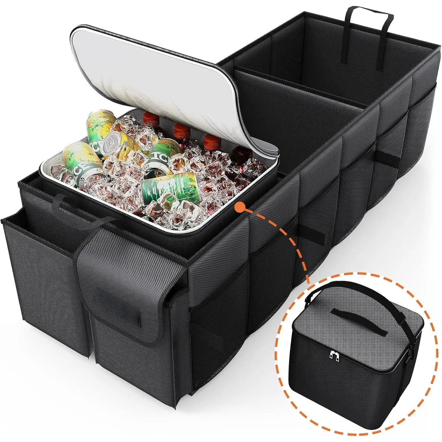 Trunk Organizer, Sturdy Foldable with Cooler for  & SUV, 3 Compartments, Black, 30.90"x12.60"x10.63"