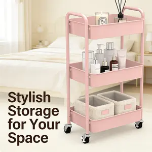 3-Tier Rolling Metal Storage Organizer Mobile Utility Cart with Caster Wheels Pink Blade Stand Durable Powder-Coated Steel Frames Mesh Baskets Easy Installation