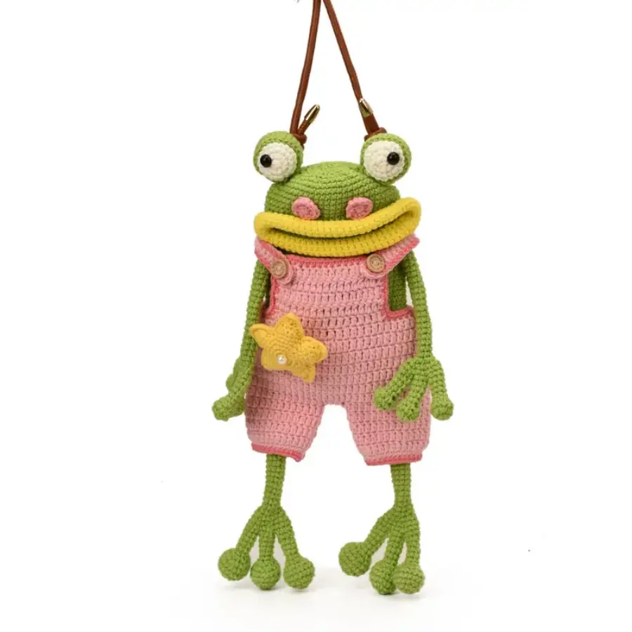 Women's Handmade Crochet Frog Crossbody Bag - Leather Strap, Lightweight Kawaii Accessory, Crossbody Handbags, Handbag Shoulder Purse, Stylish for Halloween Christmas Gifts Party Favors