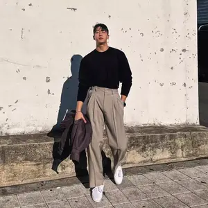 British Style Chic Double Pleat Design High Waist Suit Pants Men Draped Straight Loose Wide Leg Casual Trousers Menswear Beige Formal Plain