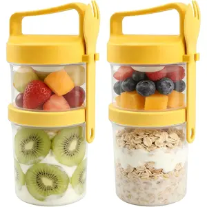 2 Pack Large Overnight Oats Containers, 2-in-1 Separate Dry & Wet Storage, 31 oz Dual-Layer Plastic Yogurt Parfait Cups with  and Folding Spoons, Yogurt Containers for Snack and Meal Prep
