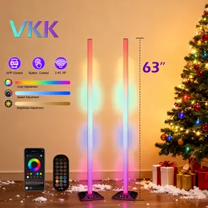 2025 VKK Smart RGB Floor Corner Lamp: 63-inch adjustable length, 16 million colors. Control via app, touch remote, or voice. Features music sync, 360° coverage, eye-care mode, and 68 preset scenes for versatile application.