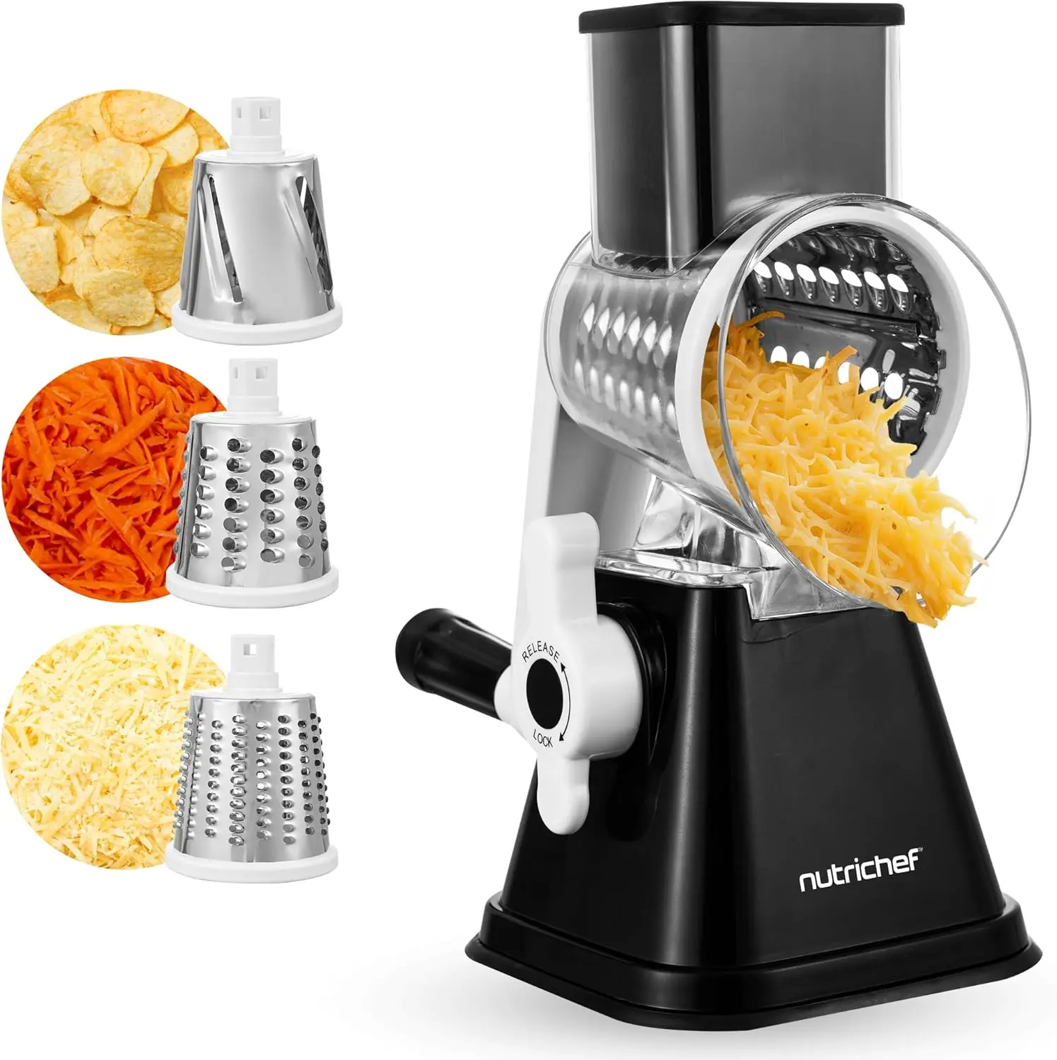 Nutrichef 3-in-1 Sturdy Cheese Grater-Slicer-Shredder, Black Household Items Kitchen Utensil with Rotatory Handle, Strong Suction Base, Ideal for Cheese, Vegetable Slicing