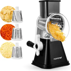 Nutrichef 3 in 1 Cheese Grater, Slicer & Shredder - Black | Multipurpose Grater with Rotatory Handle & Strong Suction Base - Ideal for Slicing Cheese, Vegetables & More - Daily Use Kitchen Essentials