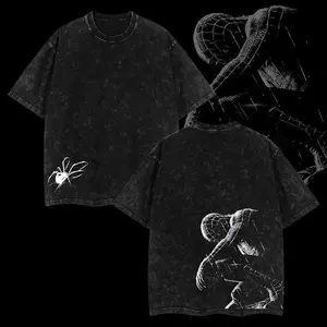 Dark Spidey Double Printed Oversize Lightweight Acid Washed Tee TV Show Graphic Top Cotton Gift T-Shirt For Comic Lover, Gift T-Shirt For Movie Lover