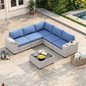 【2 packages delivery】6 Piece Outdoor Sectional Sofa Set, 5-Seats Patio Wicker Conversation Set with 4" Thickened Cushions & Coffee Table, All-Weather PE Rattan for Garden, Backyard, Porch