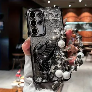 [LX]Quicksand Butterfly Bracket For Samsung S24Ultra Mobile Phone Case Fe Four-Corner Anti-Fall GalaxyS23plus Flower With Bracelet S22 Glitter Protective Cover For Girls New S25/S25U Mobile Phone Case High-End