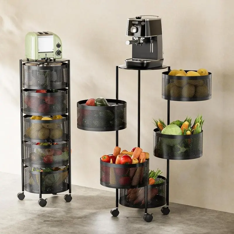 Round 5-Tier Rotating Storage Rack, Multi-Functional Floor Stand for Living Room Bathroom Kitchen, No Installation Required