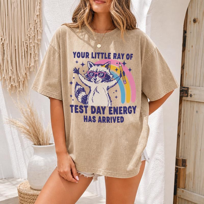 Test Day Energy Raccoon Graphic Tee for Women, Washed Cotton Oversized Teacher Shirt S-5XL
