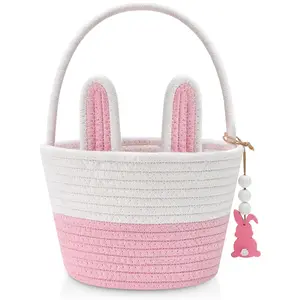 Easter Baskets for Kids, Pink Small Woven Rope Bunny Personalized Easter Basket Empty with Handle, Basket Name Tag, Baby Egg Easter Baskets Gifts for Girls Boys Toddler Babies, 8.7" x 6.9" x 6.3"