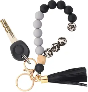 Silicone Key Ring Bracelet Wristlet Keychain Unique Beaded Bangle Key Chains for Women with Leather Tassel