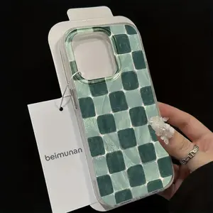 Yusha. Green Checkered Retro Mosaic Pattern Phone Case, Creative Fashionable Simple Design, Compatible with iPhone 17/16/1/14/13/12/11/X/XS/XSMAX - Thickened Full-Edge Anti-Drop Soft Case, a Holiday Gift for Friends, Family, and Yourself