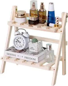 2 Tier Foldable Ladder Plant Stand Desktop Shelf Organizer Rack Wooden Display Risers For Selling L 13.3 x H 13.8 x D 7.1 in（DIY）