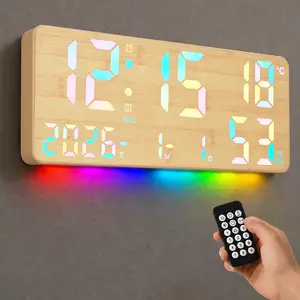 Pacilack 14.6" Large Digital Wall Clock, Faux Wood Grain & Faux Linen Style, Remote Control, Dual Alarms, Big LED Display, 12 RGB Modes, Night Light, Humidity Monitor, Date, Week & Temperature, Home Decor Gift for Bedroom, Living Room, Office & Seniors