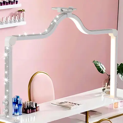Upgraded Knob-Type Nail Desk Lamp, 34in Foldable Large LED Manicure Lamp with Phone Holder, 2-Mode 3000K-6000K Dimmable Even Shadow-Free Half Moon Light for Nail Care, Tattoo, DIY Projects, Eyelash Extensions