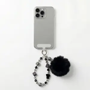 Minimalist Phone Charm Strap with Beads & Plush Pom – Cute Wrist Lanyard Keychain for Phone Case, Stylish Daily Accessory