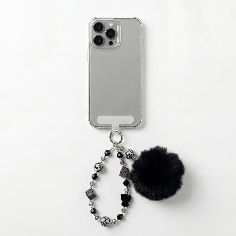 Minimalist Phone Charm Strap with Beads & Plush Pom – Cute Wrist Lanyard Keychain for Phone Case, Stylish Daily Accessory