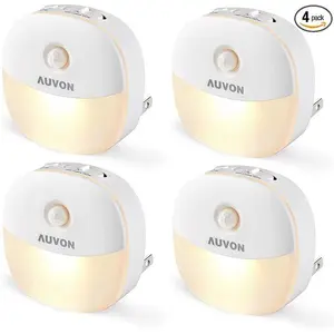 AUVON Plug in Night Light with Motion Sensor and Dusk to Dawn Sensor, Mini Warm White LED Nightlight with 1-50 lm Adjustable Brightness for Bathroom, Hallway, Stairs, Bedroom, Kitchen, 4 Packs