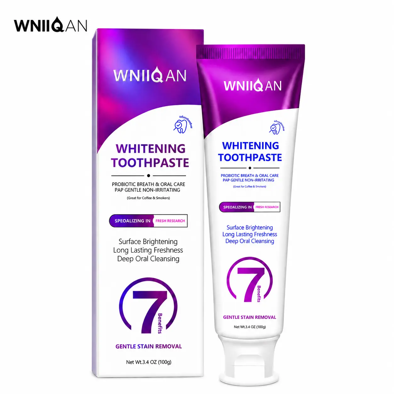 WNIIQAN PAP Niacinamide Foaming Toothpaste, Fresh Breath, Gentle Cleaning, Purple Micro-Bead Formula, 100g tooth