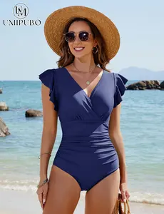 UMIPUBO Summer Ruffle-sleeve V-neck one-piece swimsuit Shortsleeve Vneck