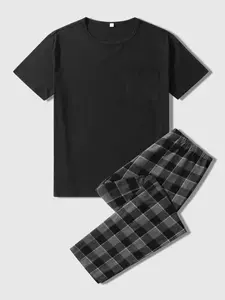 Men's Plaid Print Tee & Shorts Set, Regular Fit Casual Checked Round Neck Short Sleeve T-shirt & Pocket Shorts, Men's Summer Clothes, Menswear