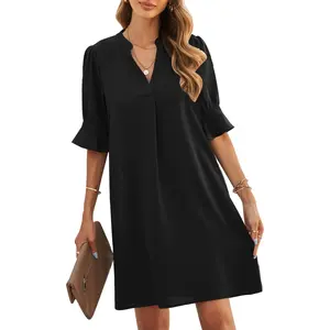Women's V Neck Ruffle Sleeve Shift Dress Casual Summer Mini Dress