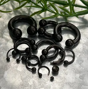 PAIR of Stunning Black Titanium Anodized Circular Barbell Horseshoe Ring - 18g thru 2g and Assorted Ball Size!!