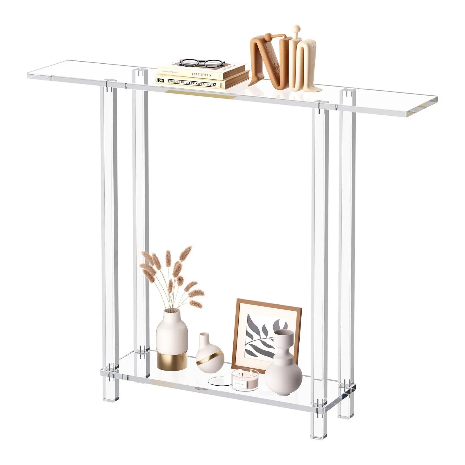 【SummerFinds】VEVOR Acrylic Console Table, 2 Tiers Narrow Side Desk with Bottom Open Storage, Modern Rectangle Acrylic End Table, Transparent Entry Desk for Foyer, Hallway, Living Room, 7.6 x 39.4 x 31.5 in (Clear)