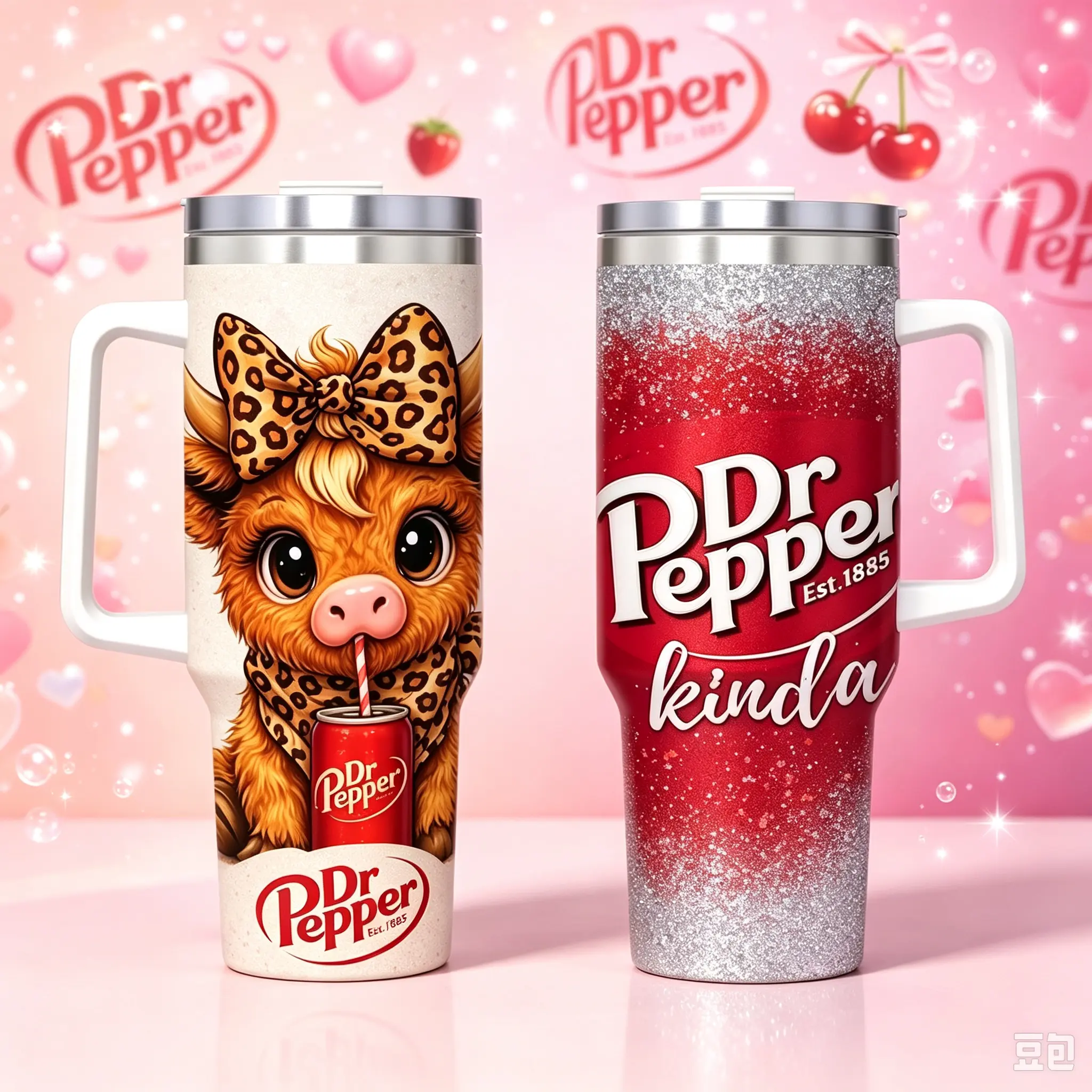 40oz Sturdy Stainless Steel Insulated Tumbler - Western Style, Leak-Proof Gradient Red-Silver Glitter Lid, Handle, Cute Highland Cow-Leopard Bow Print Travel Mug, Large Capacity Gift Idea for Soda Lovers