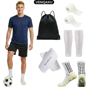VENQAKU 5/10pcs Soccer Grip Socks and Shin Guard Set for Men Women Youth, Anti Slip Football Socks with Leg Sleeves Bands and Storage Bag Sports Training Kit