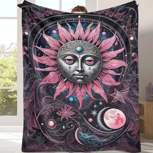 Celestial Sun Face Flannel Blanket, Esoteric Lunar Print, Super Soft, Lightweight, Warm, Cozy, Perfect for Sofa, Couch, Bed, Living Room, Bedroom, as a Unique Gift, for Astrology Enthusiasts, Home Decor. Warmth tiktokshopspringglowup