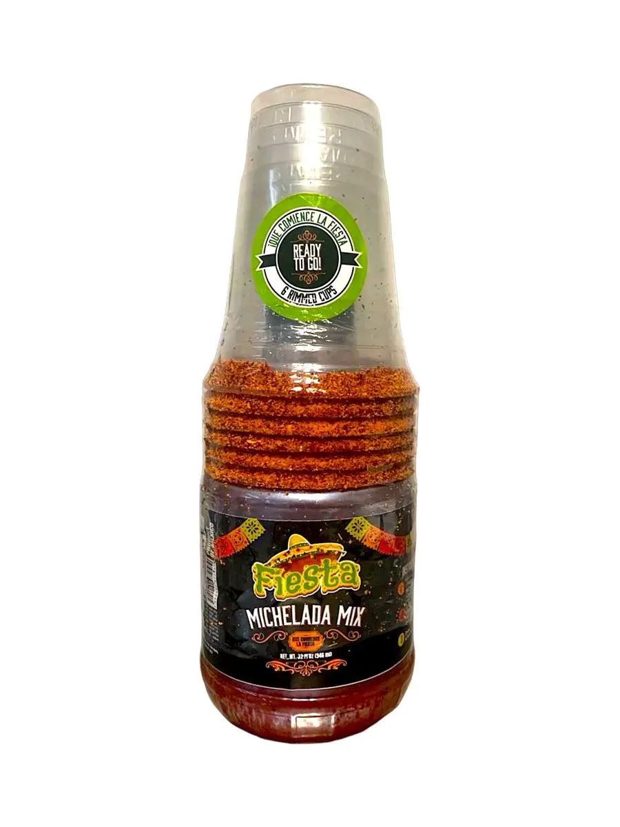 Fiesta's Ready To Go Michelada Bottle with 6 Pre-Rimmed Party Cups Classic & Mango Flavor Set for Any Party or Gathering Chili
