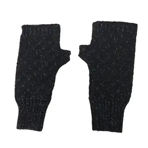 Alessia Massimo Alex Max Women's Black Fingerless Gloves, Metallic Knit Texting Gloves with Crystal Accents, Stretchy Ribbed Cuffs