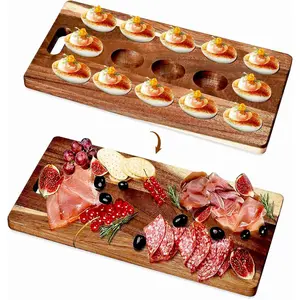 Acacia Wood Deviled Egg Platter,15Holes Deviled Egg Tray.Strip Deviled Egg Holder for Deviled Eggs.Small Charcuterie Board Easter Deviled Egg Carrier for Kitchen Countertops