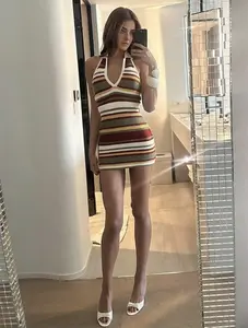 Summer New Deep V-Neck Sexy Striped Color Blocked Neck Knitted Beach Dresses For Woman For Women, Slim Fit Backless Beach Wear, Honeymoon Wedding Season Hawaiian Vacation Style Sweater Sun Dress