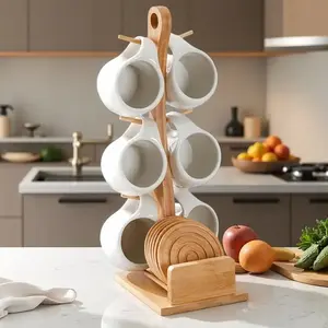 Ceramic Coffee Cup Set with Wooden Stand – 6 Cups & Saucers, Ideal Drinkware for Home, Office & Coffee Shop Kitchen Bamboo