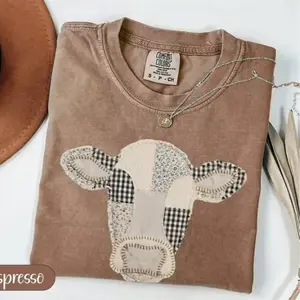 HonkNation - Comfort Colors Patchwork Cow T-Shirt, Quilted Farm Animal Head Tee, Gingham Floral Rustic Cow Lover Shirt, Cottagecore Farmhouse Gift, Printed Shirt