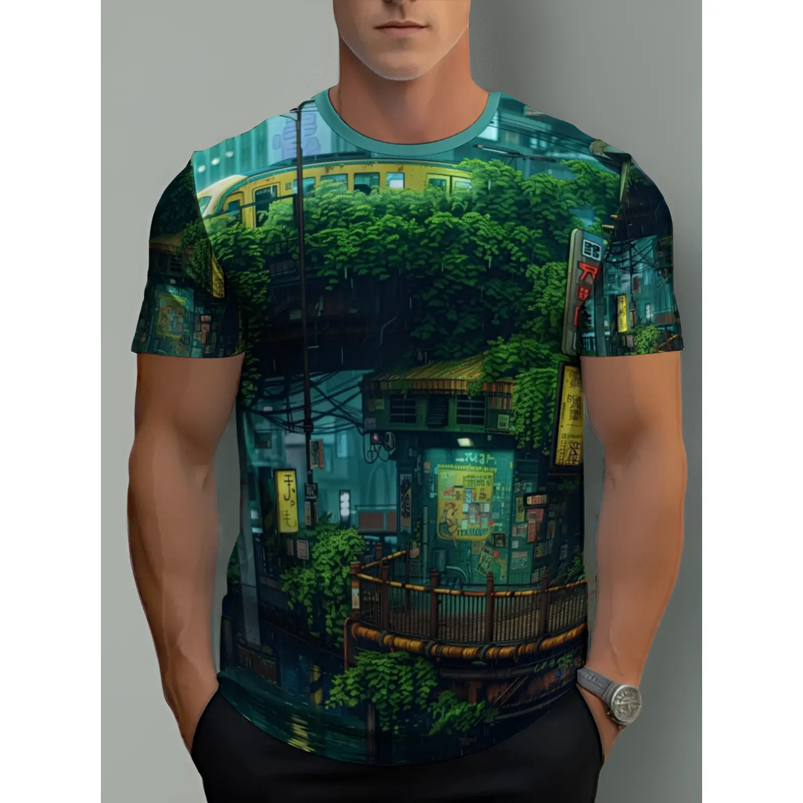 Men' Urban Jungle Full-Body Print T-Shirt - Short Sleeve Round Neck Casual Tee with Vibrant Jungle Design, Suitable for Casual Attire, Machine Washable Regular Fit Shirt for Urban Outfits & Outdoor Activities