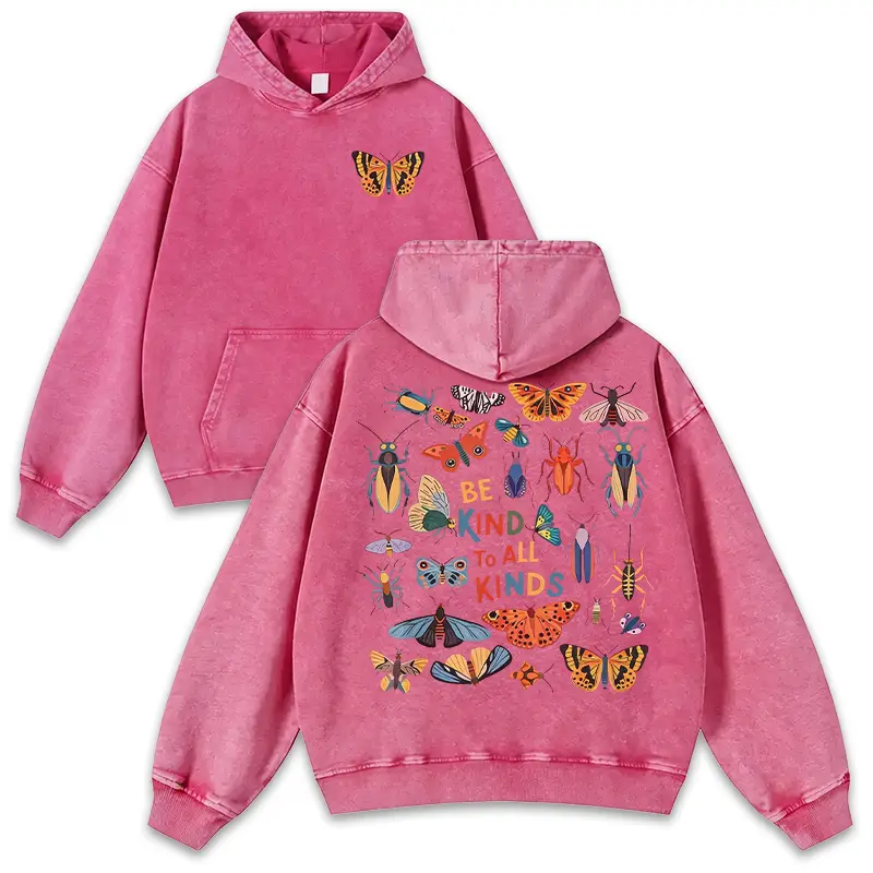 Nature aesthetic washed oversized hoodie, retro insect/butterfly graphic sweatshirt, “Be kind to all kinds” positive affirmation casual loose everyday pullover