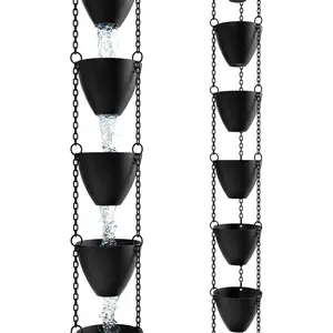 Durable Flat-Black Powder-Coated Aluminum Cascading Bowls Rain Chain - Heavy Duty Large Cups for 8-10 Foot Drops Heavy Rain Flow, Premium Rain Chains for Gutters
