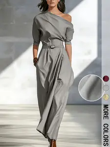 This Asymmetrical Maxi Dress is Minimalist Luxury Vibes  Off Shoulder Belted Draped Dress with Pocket