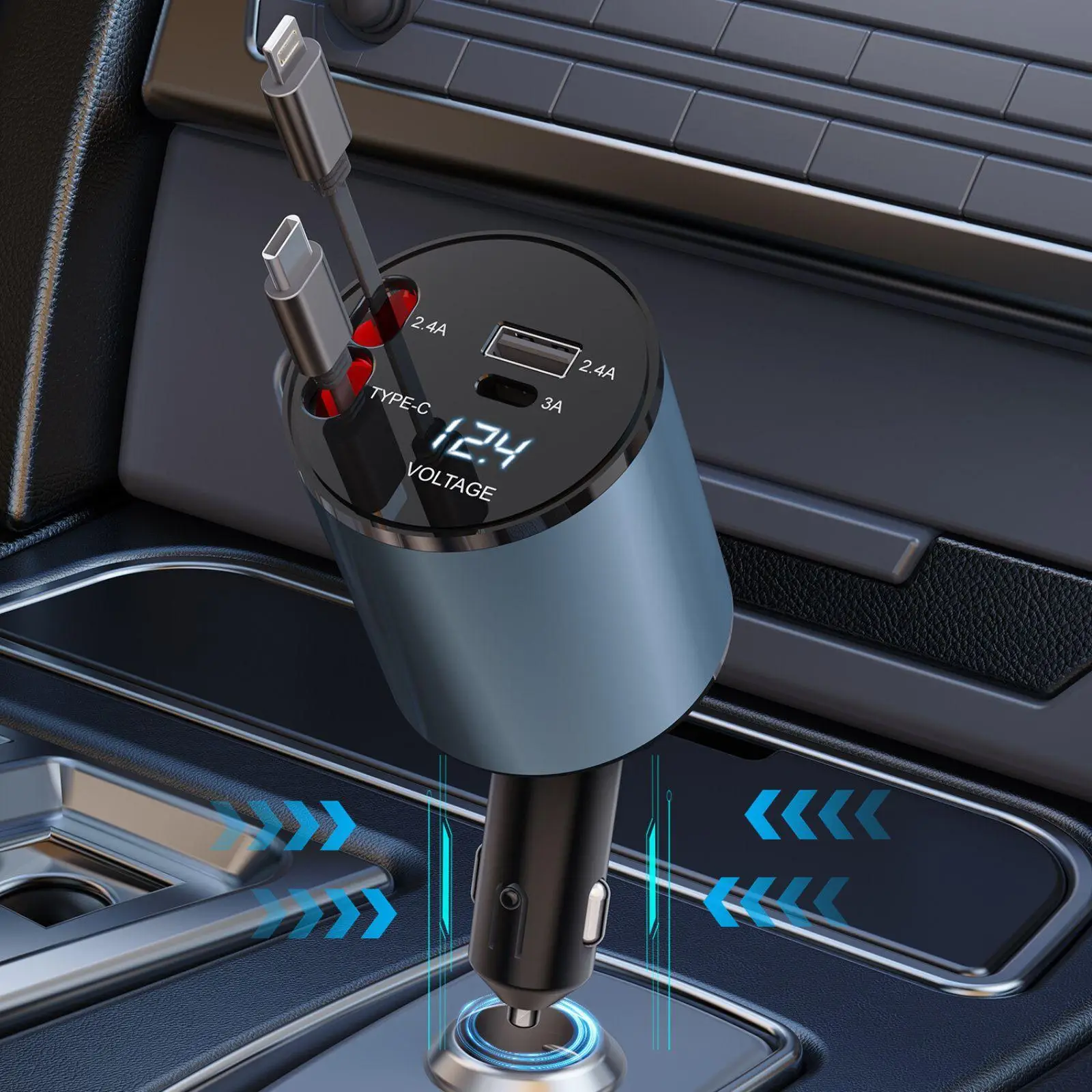 Spring 4 In 1 Retractable Cable Car Charger for Phone, Durable 100W Multifunctional Car Charger With Intelligent Digital Display for Summer, Compatibl