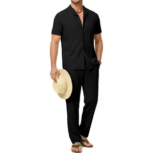 Dokotoo Men Men's Beach Outfit 2 Piece Casual Button Down Shirt Short Sleeve Loose Shirts and Pants Vacation Sets for Men